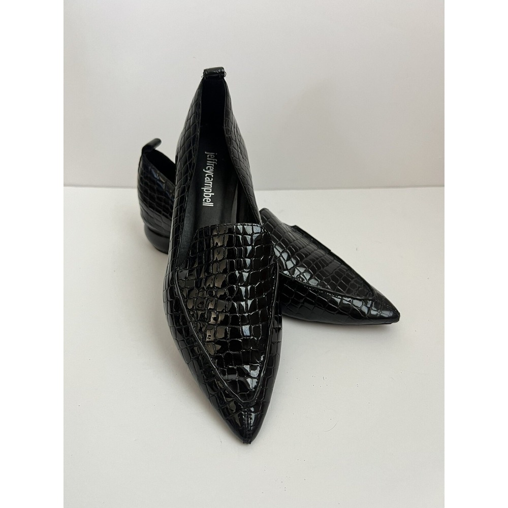Jeffrey Campbell Black Slip On Viona Croc Embossed Pointed Toe Loafer Heel Sz 6